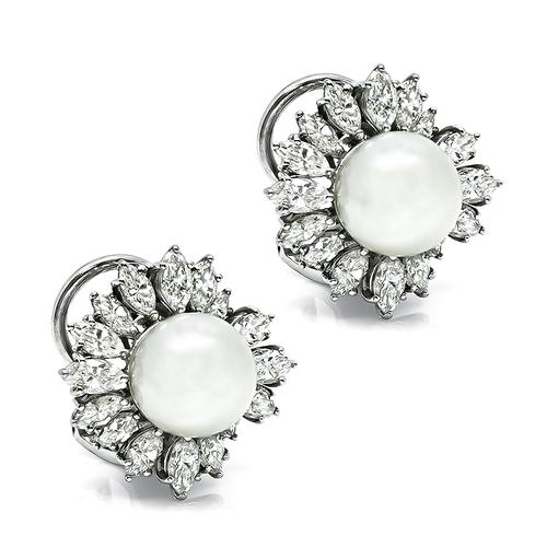 Marquise Cut Diamond Pearl 18k White Gold Earrings