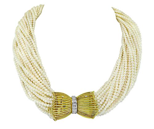 14k Yellow Gold Round Cut Diamond Pearl Necklace