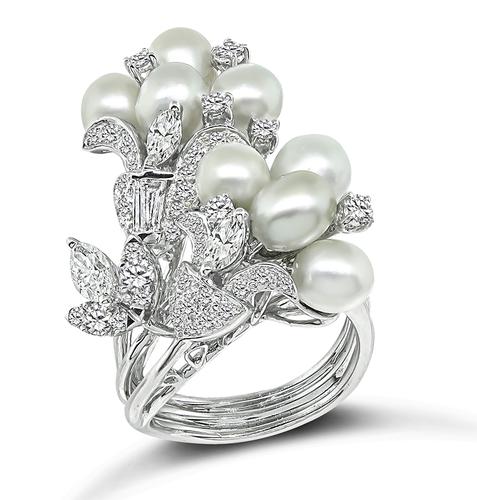 Round Marquise and Baguette Cut Diamond Pearl 18k White Gold Ring