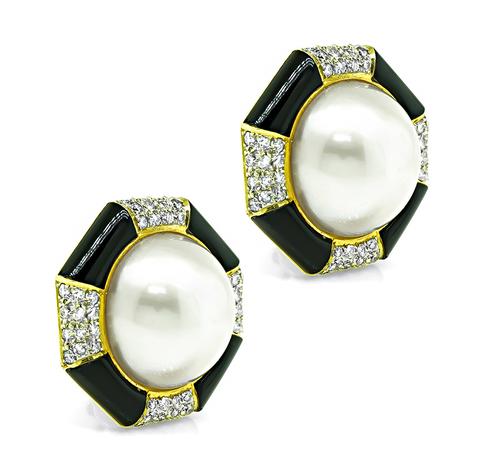 Pearl Round Cut Diamond Onyx 18k Yellow Gold Earrings