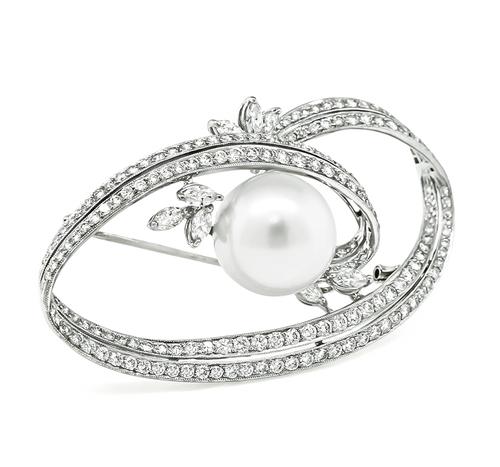 Round and Marquise Cut Diamond South Sea Pearl 18k White Gold Pin