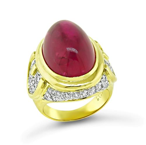 Cabochon Pink Tourmaline Round Cut Diamond 18k Yellow and White Gold Ring