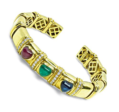 Cabochon Heart Shape Ruby Emerald and Sapphire Round Cut Diamond 18k Yellow Gold Bangle