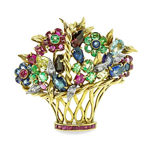 14k Yellow Gold Multi Color Precious Gemstone Basket Brooch