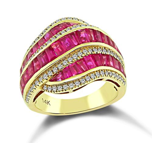 Baguette Cut Ruby Round Cut Diamond 14k Yellow Gold Ring