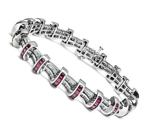 Baguette Cut Diamond Square Cut Ruby 14k White Gold Bracelet