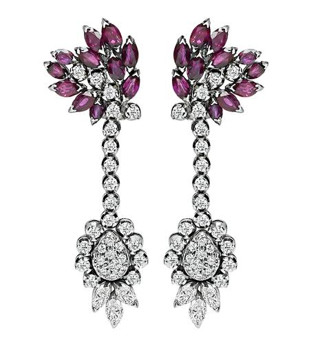 Marquise Cut Ruby Round and Marquise Cut Diamond 18k White Gold Chandelier Earrings