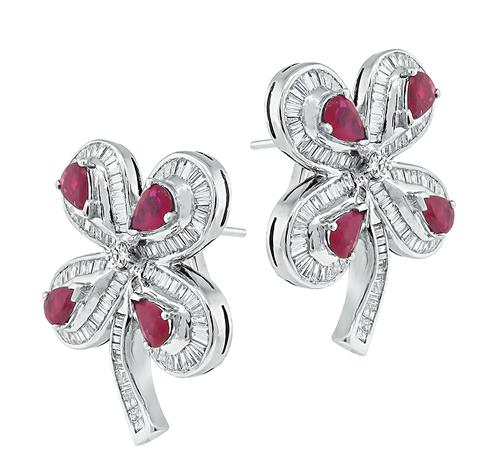 Pear Shape Ruby Baguette and Round Cut Diamond 18k White Gold Flower Earrings