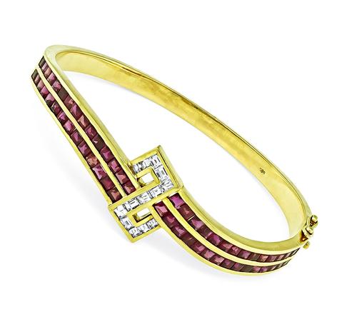 Baguette Cut Diamond and Ruby 14k Yellow Gold Bangle