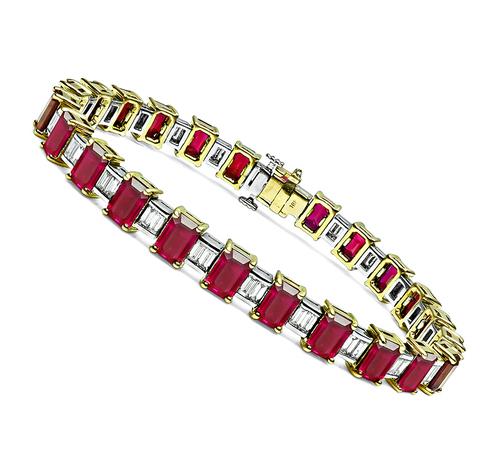 Emerald Cut Ruby Baguette Cut Diamond Two Tone 18k Yellow and White Gold Bracelet