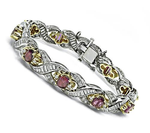 Oval Cut Ruby Baguette and Round Cut Diamond Platinum and Gold Bracelet