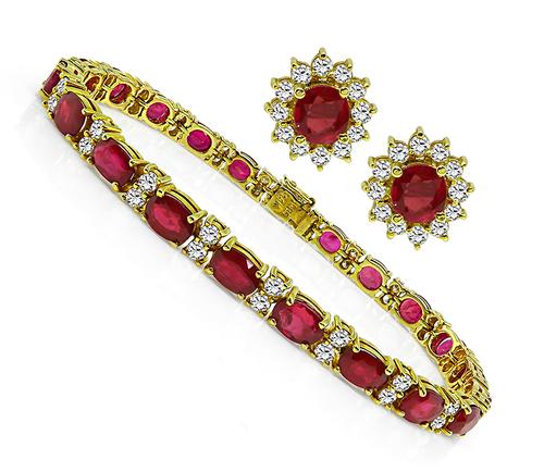 Oval Cut Ruby Round Cut Diamond 14k Yellow Gold Bracelet and Earrings Set