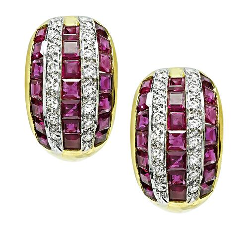 Square Cut Ruby Round Cut Diamond 18k Yellow Gold Earrings