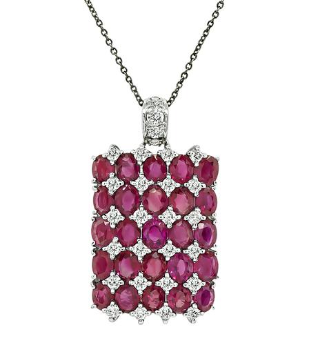 Oval Cut Ruby Round Cut Diamond 18k White Gold Pendant