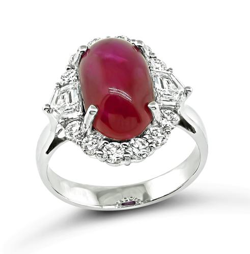 Cabochon Burma Ruby Round and Shield Cut Diamond 18k White Gold Ring