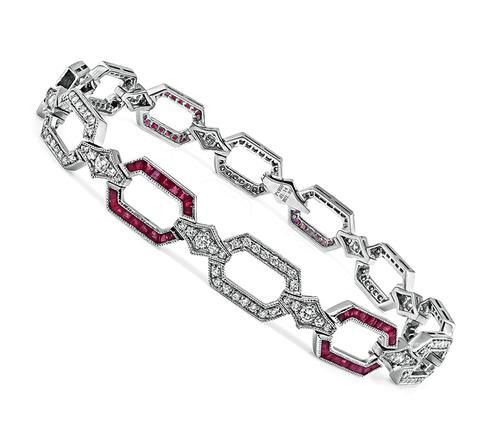 Estate Round Cut Diamond Square and Trapezoid Cut Ruby Platinum Bracelet