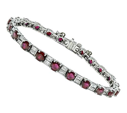Round Cut Ruby Baguette Cut Diamond Platinum Bracelet