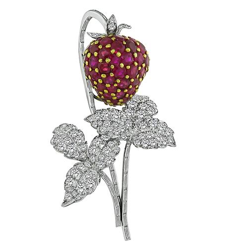 1950s Round Cut Ruby Round and Baguette Cut Diamond Platinum Strawberry Pin