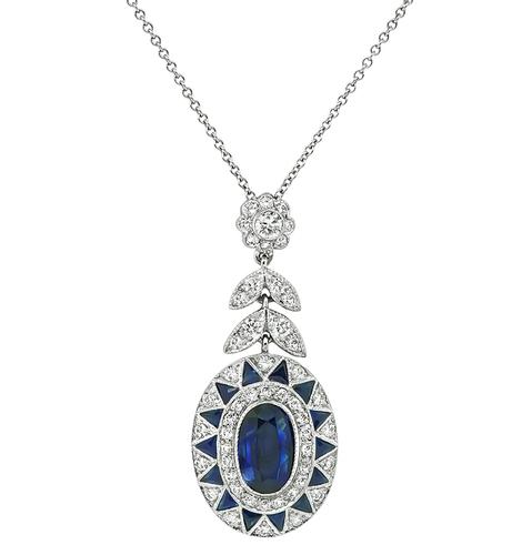 Oval and Trilliant Cut Sapphire Round Cut Diamond 18k White Gold Pendant Necklace