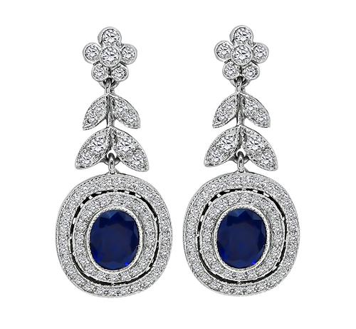 Oval Cut Sapphire Round Cut Diamond 18k White Gold Dangling Earrings