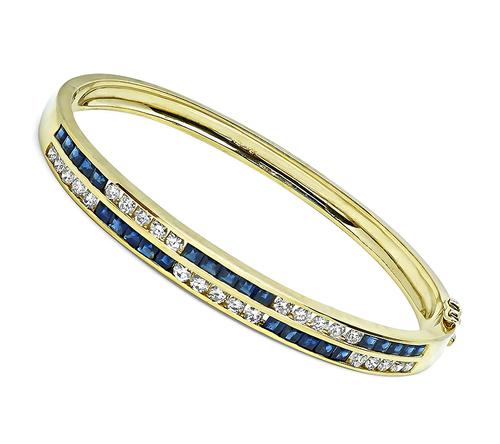 Round Cut Diamond Square Cut Sapphire 14k Yellow Gold Bangle