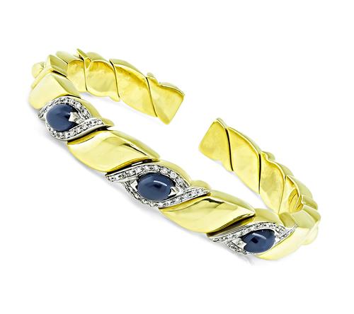 Cabochon Sapphire Round Cut Diamond 18k Yellow Gold Bangle