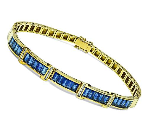 Baguette Cut Sapphire Round Cut Diamond 18k Yellow Gold Bracelet