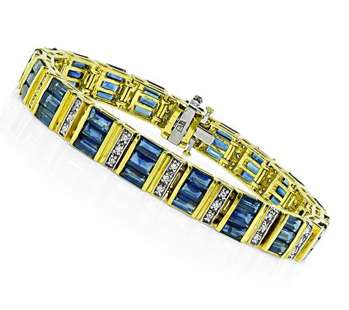 Baguette Cut Sapphire Round Cut Diamond 18k Yellow Gold Bracelet