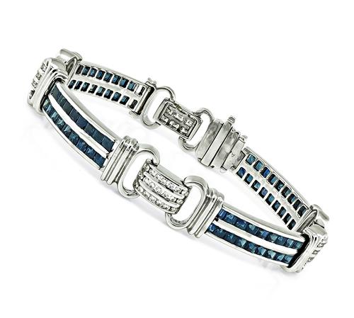 Round Cut Diamond Square Cut Sapphire 18k White Gold Bracelet