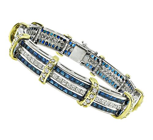 Princess and Round Cut Diamond Square Cut Sapphire 14k White and Yellow Gold Bracelet