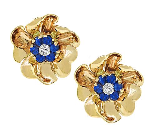 Round Cut Sapphire and Diamond 14k Yellow Gold Flower Earrings
