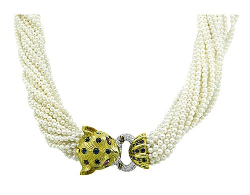Round Cut Diamond Sapphire Ruby and Diamond 18k Yellow and White Gold Panther's Head Pearl Necklace