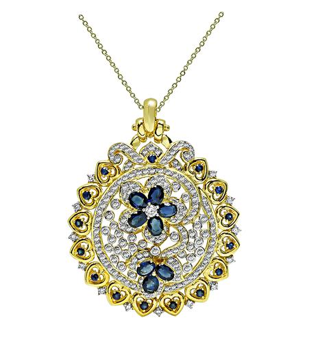 Round Cut Diamond Oval and Round Cut Sapphire 18k Yellow Gold Pendant