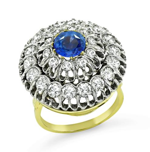 Round Cut Sapphire Round Cut Diamond 14k Yellow and White Gold Ring