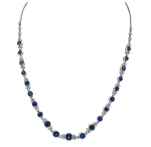 Round Cut Sapphire and Diamond 18k White Gold Necklace