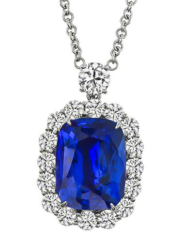Cushion Cut Ceylon Sapphire Round Cut Diamond Platinum Pendant Necklace