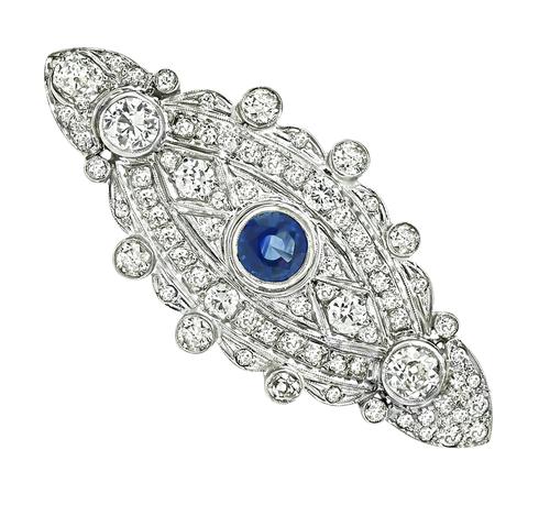 Round Cut Sapphire Old Mine and Round Cut Diamond Platinum Pin