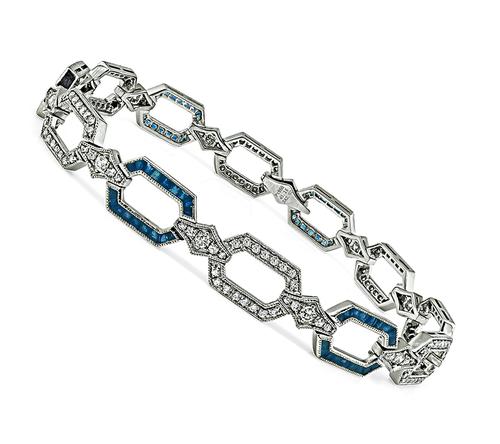 Estate Round Cut Diamond Square and Trapezoid Cut Sapphire Platinum Bracelet