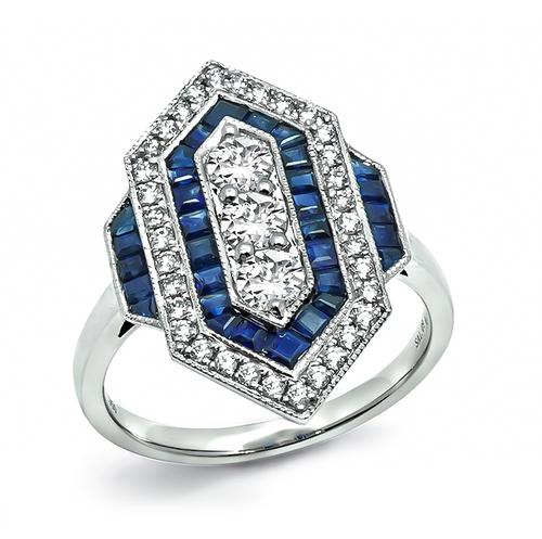 Round Cut Diamond Baguette Cut Sapphire Platinum Ring