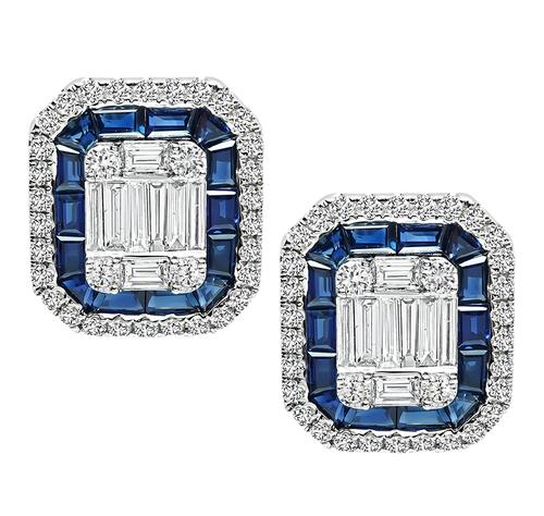 Round and Baguette Cut Diamond Baguette Cut Sapphire 14k White Gold Stud Earrings