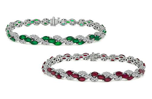 Marquise Cut Emerald and Ruby Round Cut Diamond 18k White Gold Bracelet Set