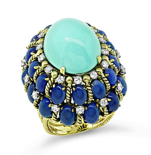 1960s Cabochon Sleeping Beauty Turquoise Cabochon Lapis Round Cut Diamond 14k Yellow Gold Ring