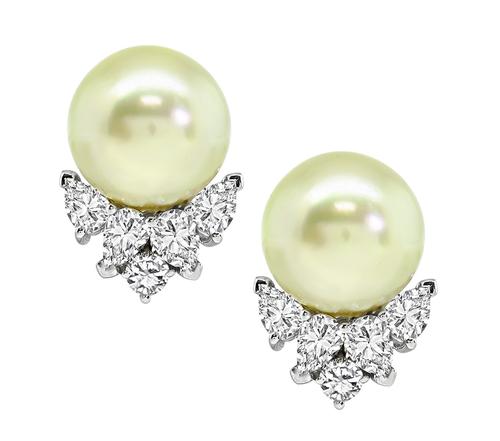 Pear and Round Cut Diamond South Sea Pearl Platinum Earrings