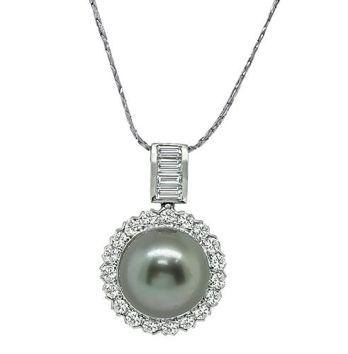 Round and Baguette Cut Diamond South Sea Pearl 18k White Gold Pendant