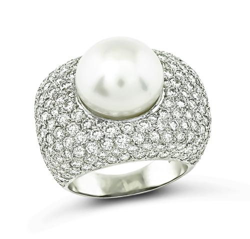 Round Cut Diamond Pearl 18k White Gold Ring