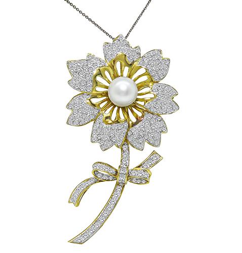 Round Cut Diamond South Sea Pearl 18k Yellow and White Gold Flower Pin / Pendant