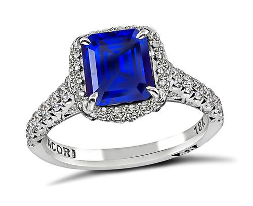 Emerald Cut Ceylon Sapphire Round Cut Diamond 18k white Gold Engagement Ring by Tacori