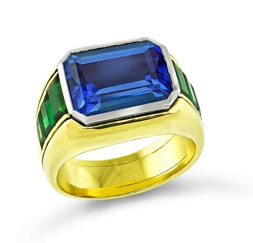 Emerald Cut Tanzanite Baguette Cut Green Tourmaline 18k Yellow and White Gold Ring