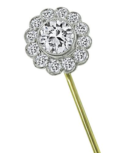 Old Mine Cut Diamond Platinum and 14k Yellow Gold Stick Pin by Tiffany & Co