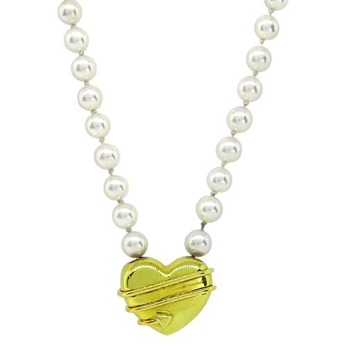18k Yellow Gold Pearl Heart Necklace by Tiffany & Co.